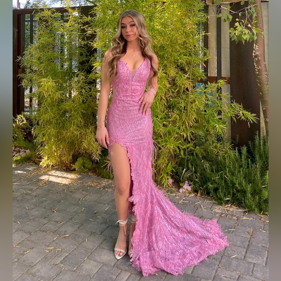 Portia and Scarlett prom, formal mermaid, pink, sparkly, feather dress - Picture 5 of 7